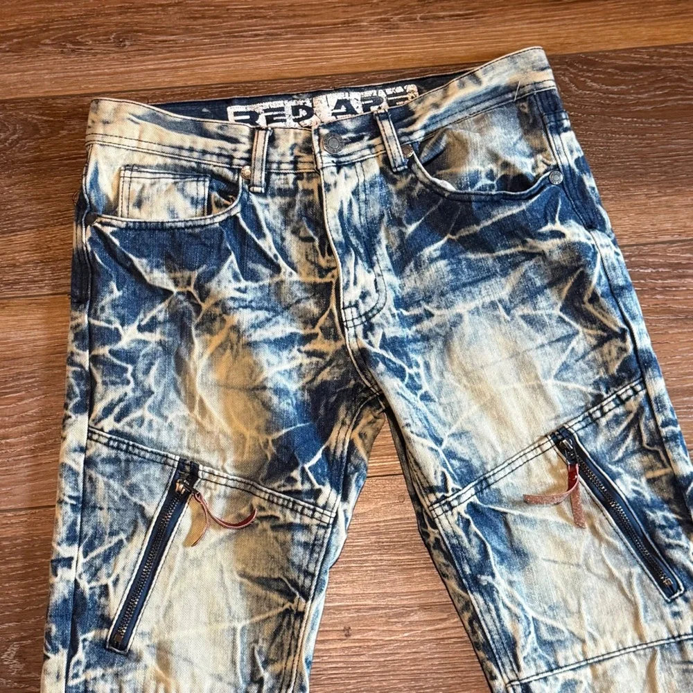 Red Ape Vintage Mens Acid Wash Moto Jeans Crinkle Zipper Detail Streetwear 32x30